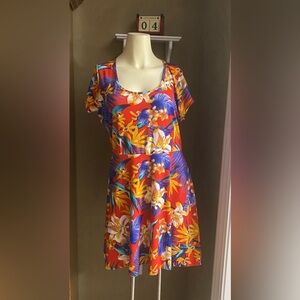 Bobbie Brooks Women’s Large Red Floral Hawaiian Skater A-line Dress Soft